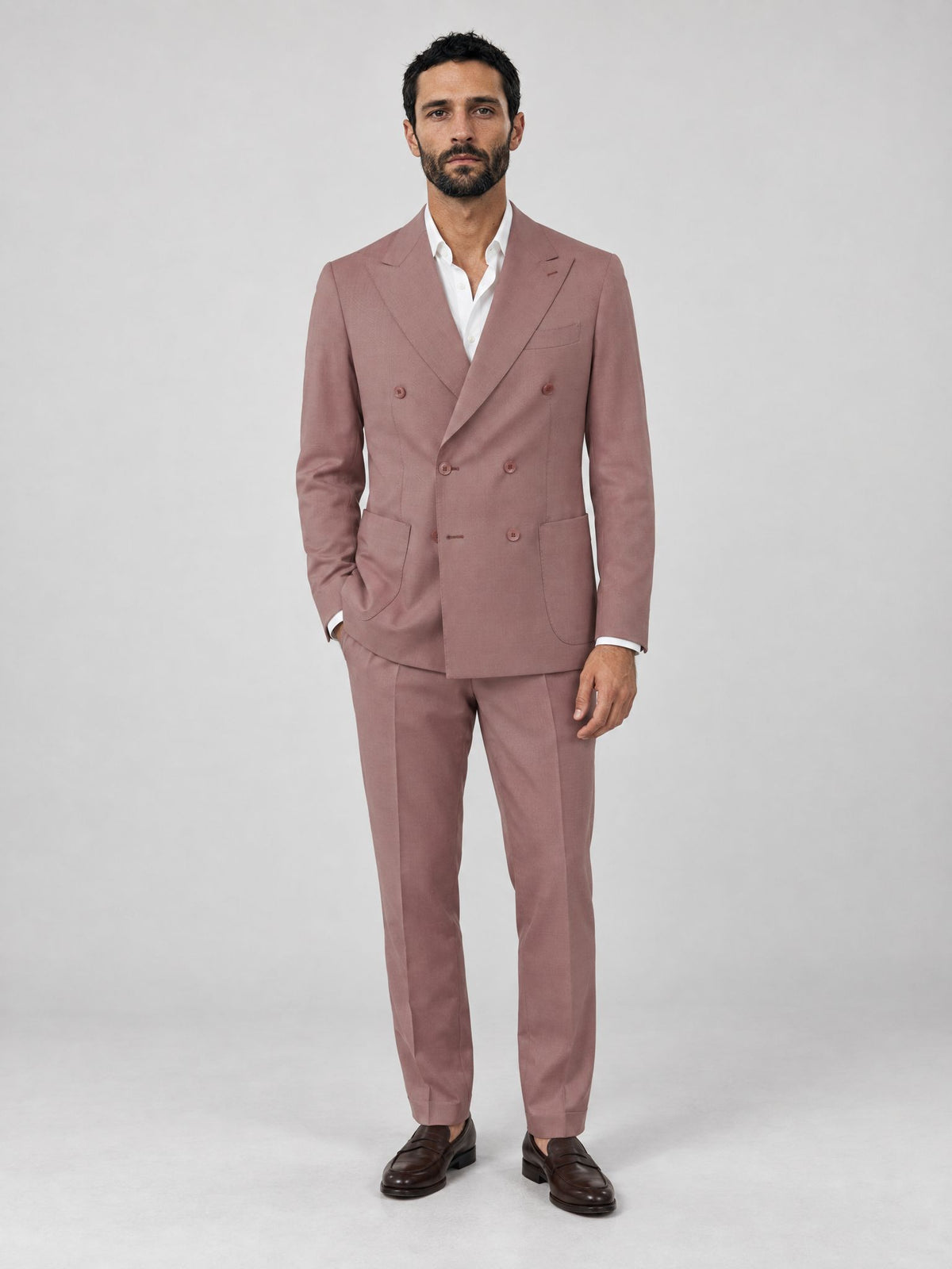 Marco wears Tropea Double-Breasted Suit Powder Pink – Scarano Napoli #Colour_Powder Pink