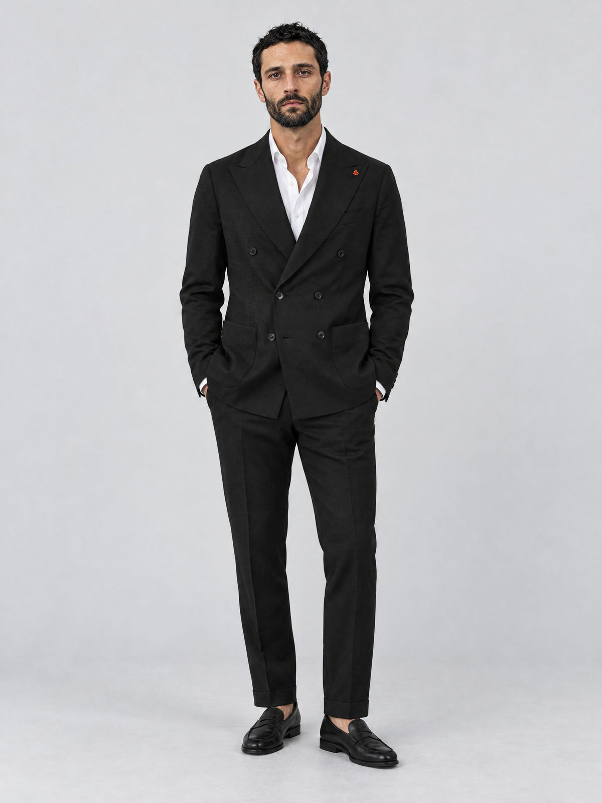 Marco wears Tropea Double-Breasted Suit Black – Scarano Napoli #Colour_Black