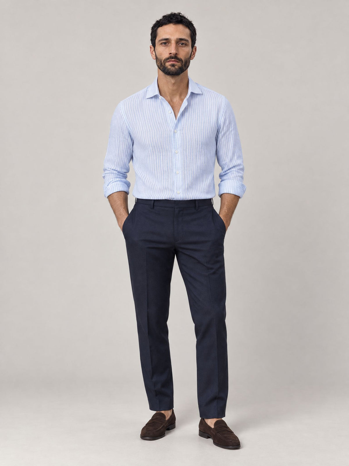 Marco indossa Camicia di Lino a Righe Azzurro – Scarano Napoli #Colore_Azzurro