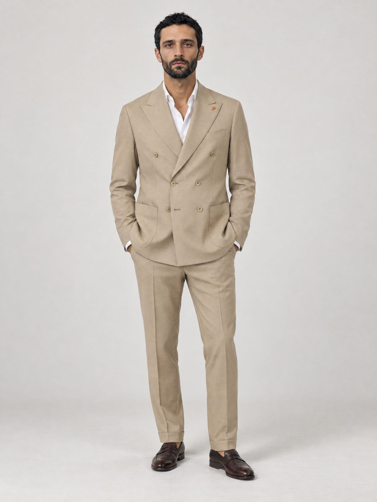 Marco wears Tropea Double-Breasted Suit Beige – Scarano Napoli #Colour_Beige