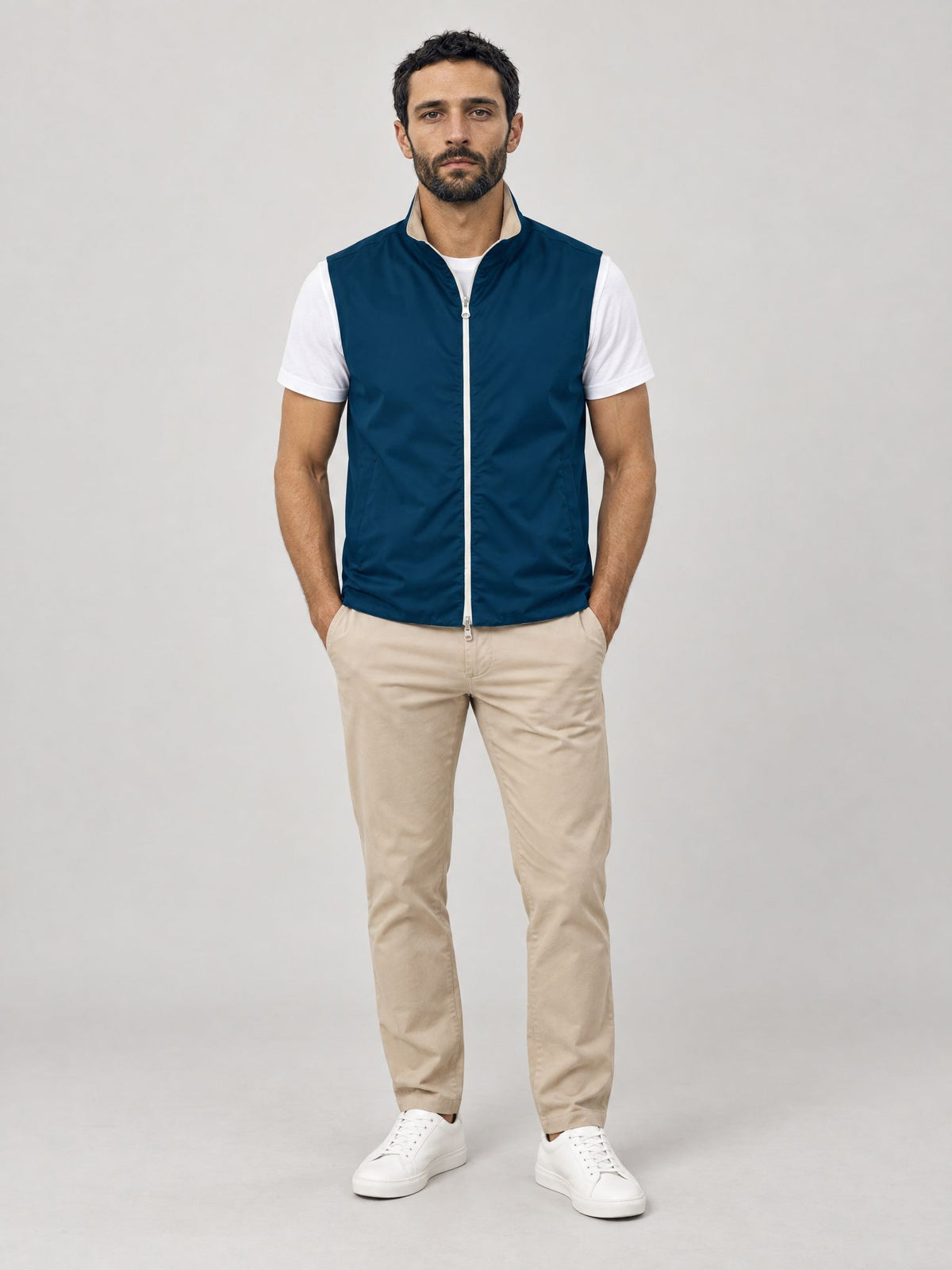 Marco wears Reversible Technical Gilet Blue / Beige – Scarano Napoli #Colour_Blue / Beige