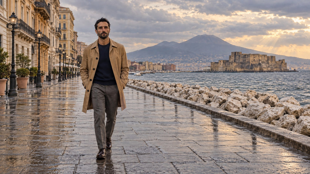 Marco con la gabardina Scarano Napoli en Via Partenope, con el Castel dell'Ovo y el Vesubio