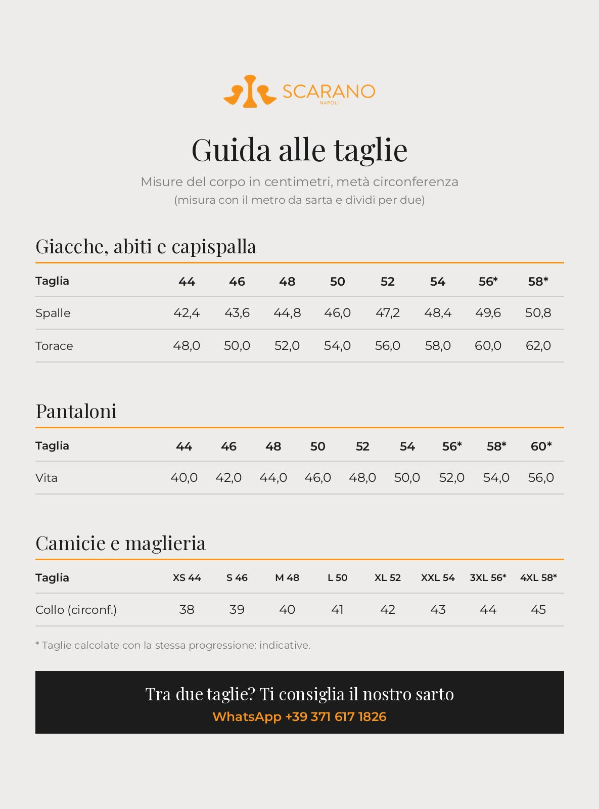 Giacca Spigata – guida alle taglie – Scarano Napoli