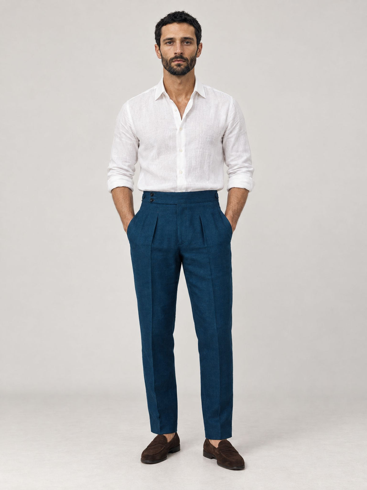 Marco lleva Pantalón Sastre de Lino Azul – Scarano Napoli #Color_Azul