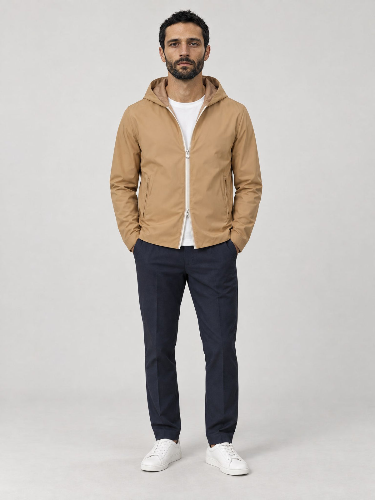 Marco wears Jay Reversible Technical Jacket Light Beige / Dark Beige – Scarano Napoli #Colour_Light Beige / Dark Beige
