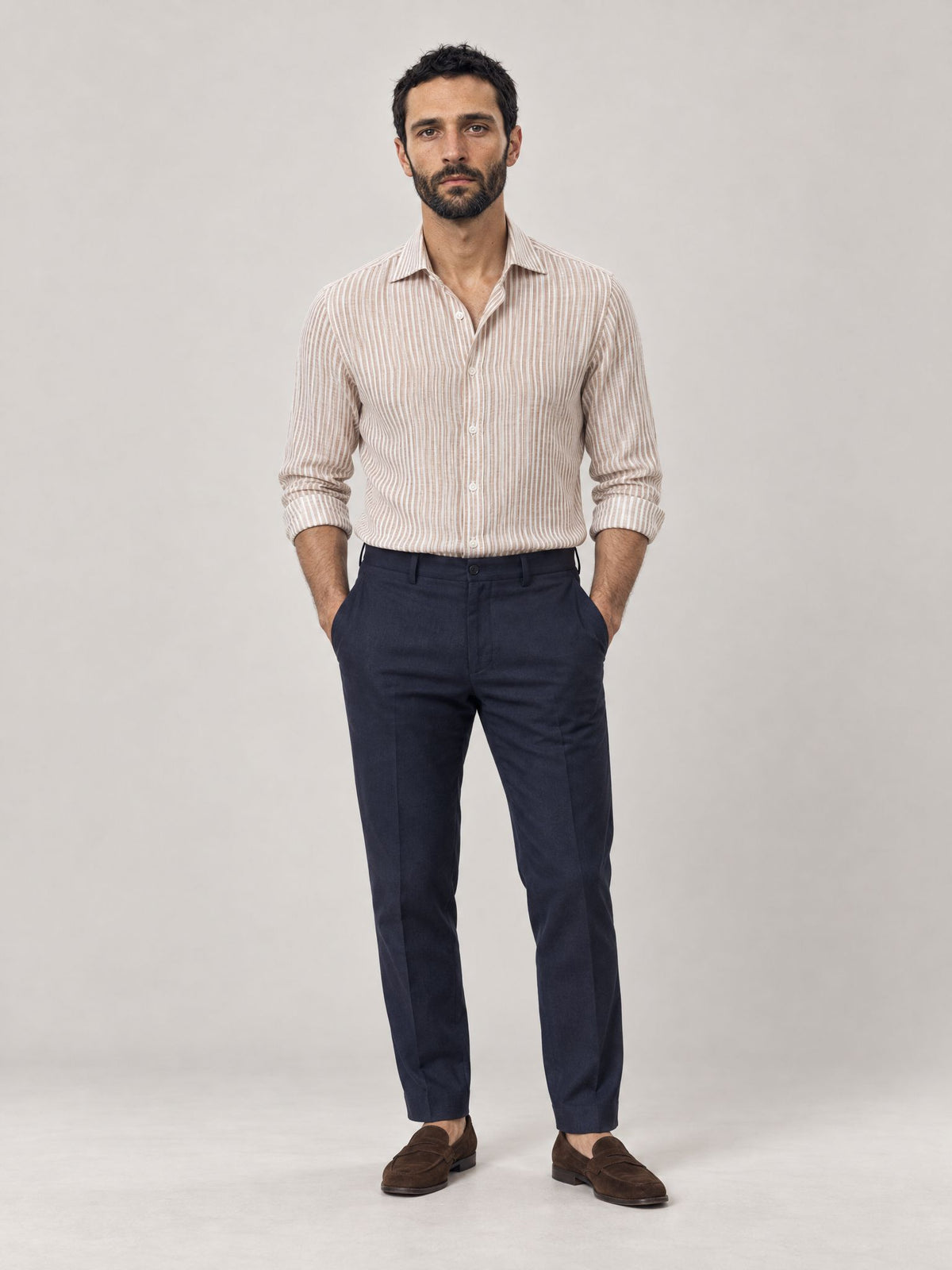 Marco indossa Camicia di Lino a Righe Beige – Scarano Napoli #Colore_Beige