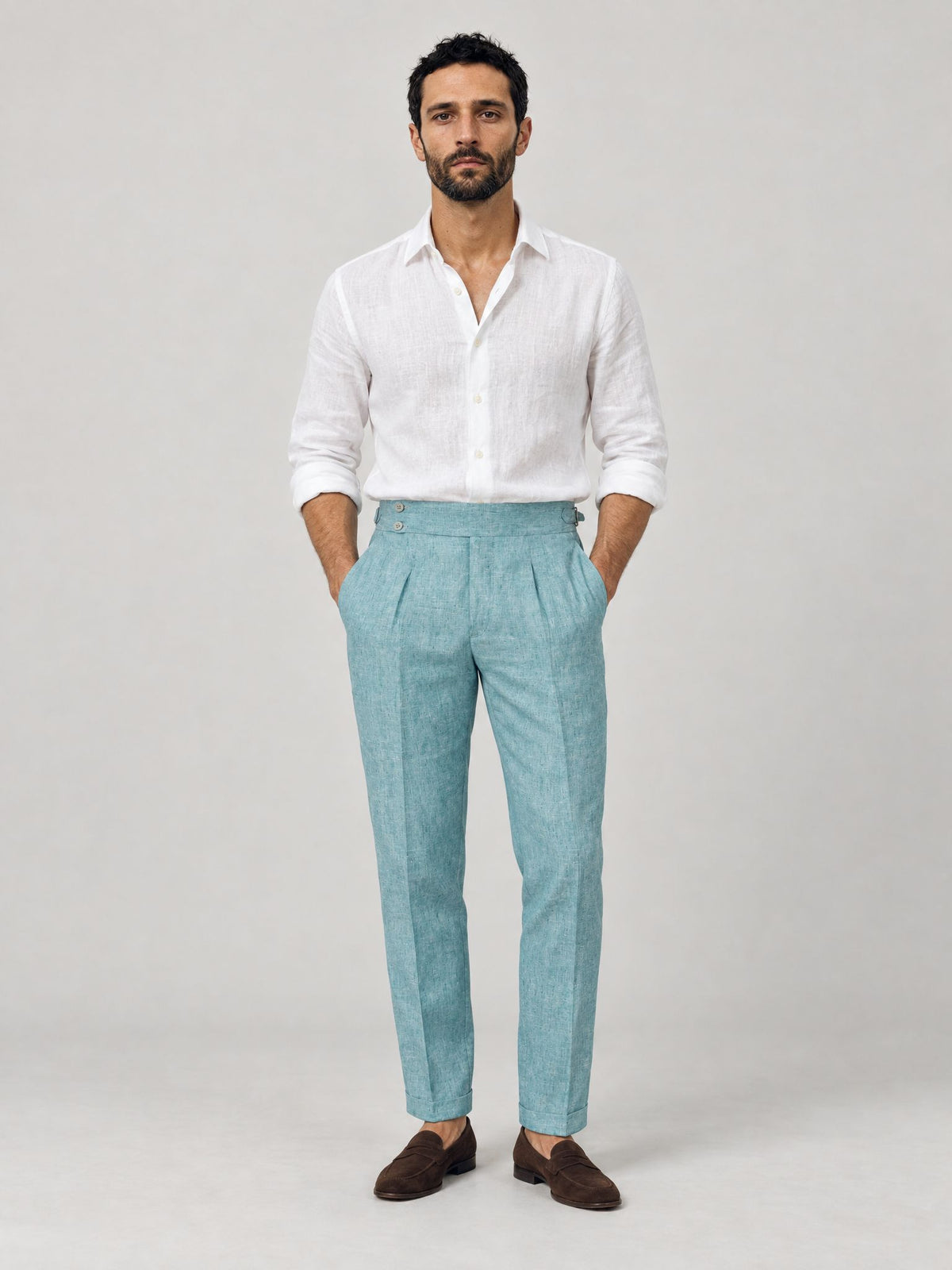 Marco lleva Pantalón Sastre de Lino Verde Agua – Scarano Napoli #Color_Verde Agua