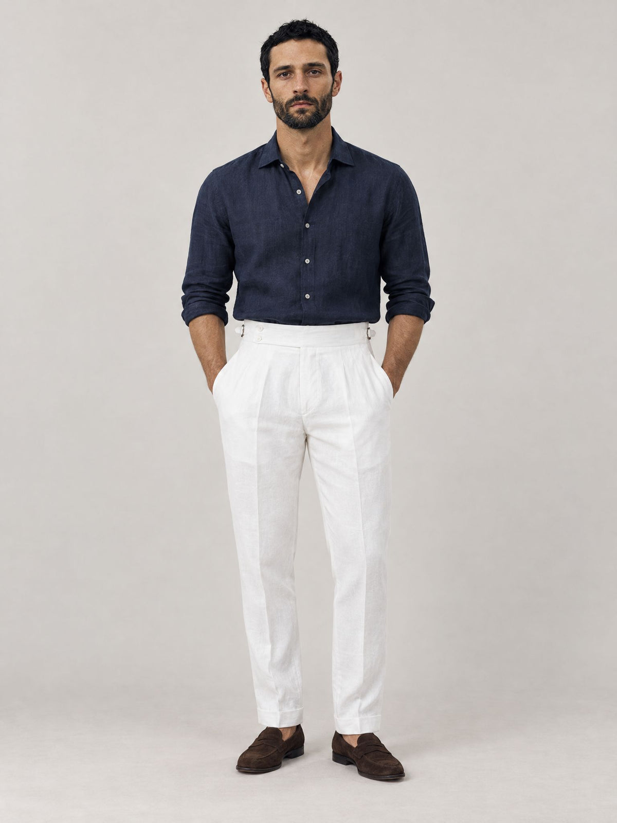 Marco lleva Pantalón Sastre de Lino Blanco – Scarano Napoli #Color_Blanco
