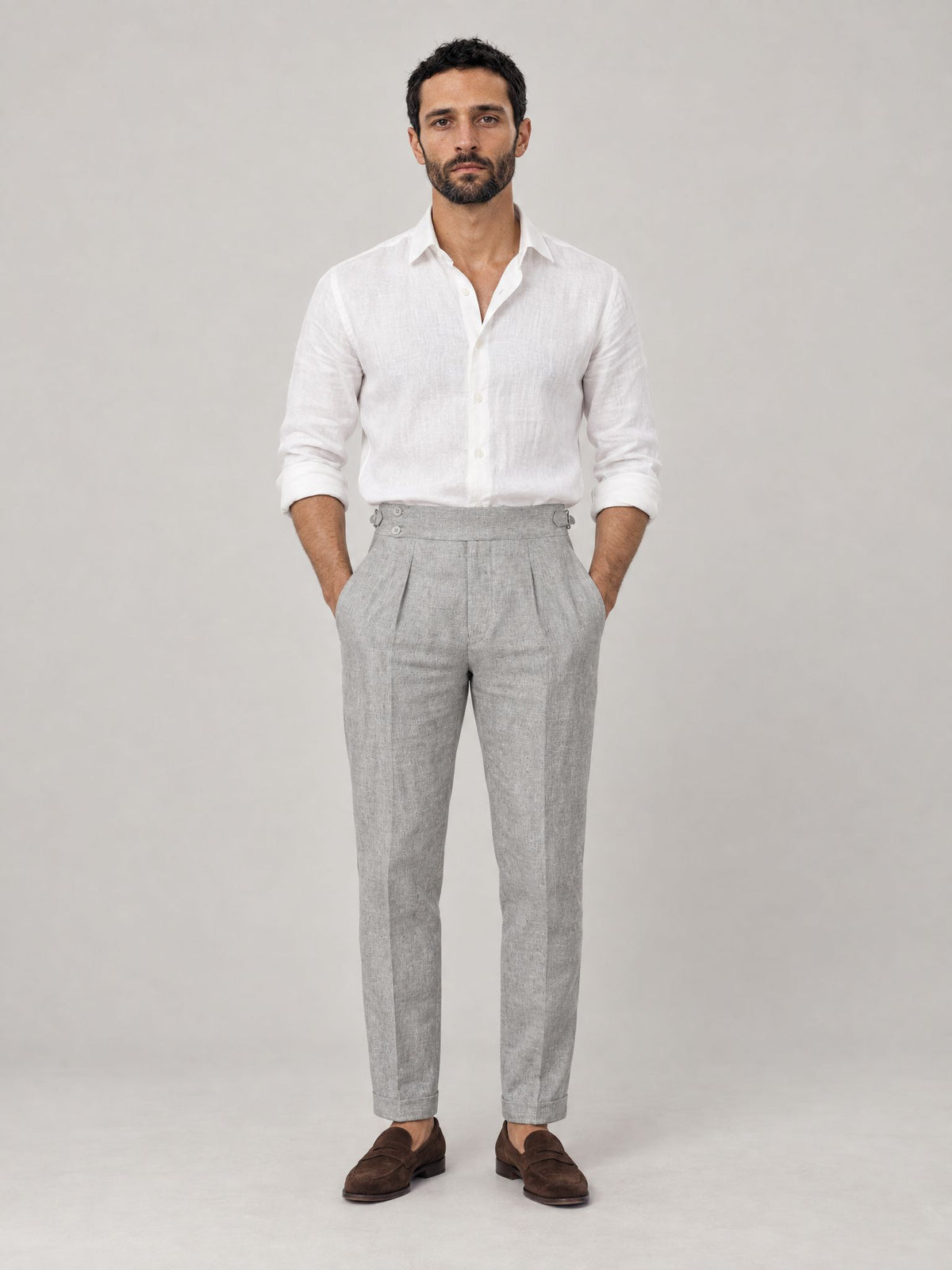 Marco lleva Pantalón Sastre de Lino Gris – Scarano Napoli #Color_Gris