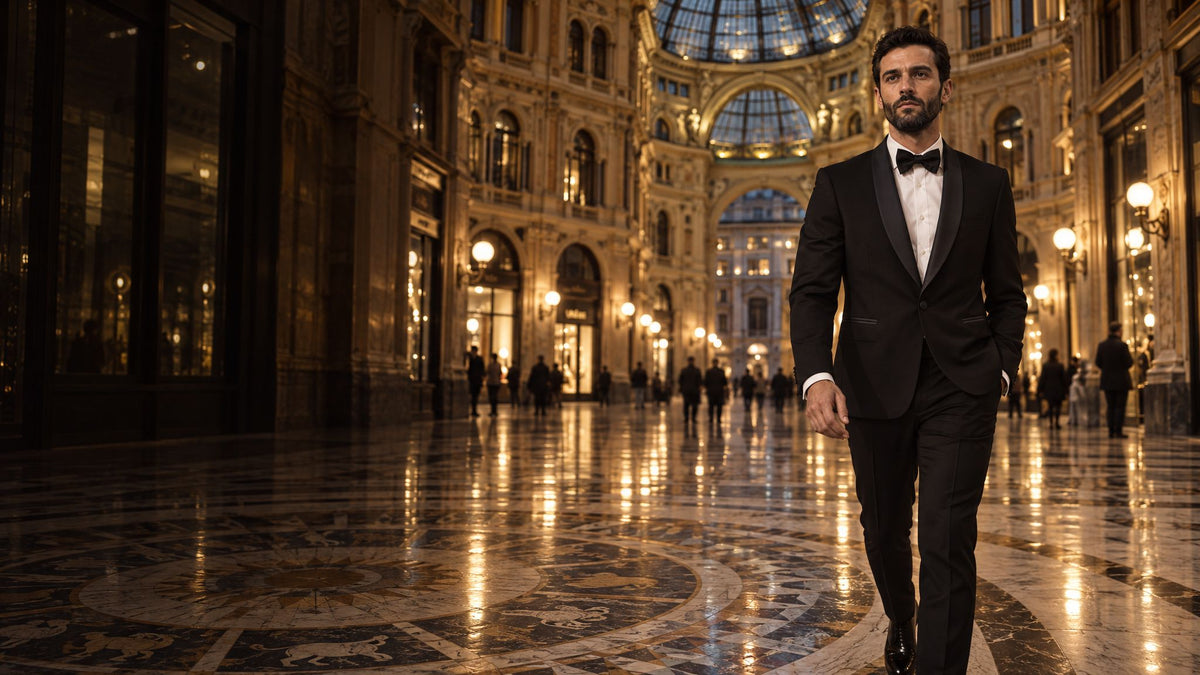 Marco con esmoquin Scarano Napoli en la Galleria Umberto I