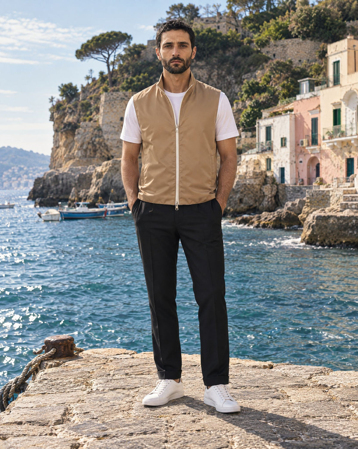 Marco con chaleco, camiseta blanca y pantalón Angelo en Marechiaro